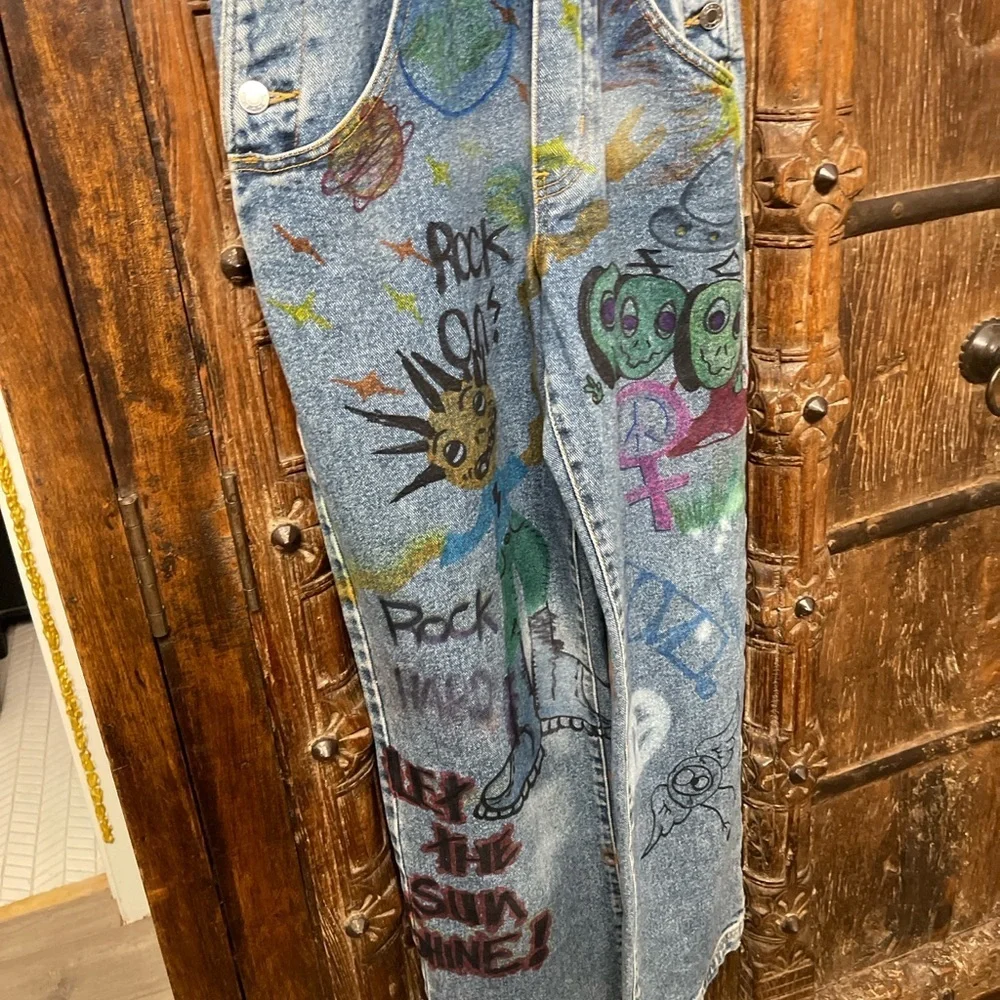 Vintage Esprit Hand-Painted Denim Overalls | 90s Graffiti Art Jeans | Size S - Picture 4 of 8